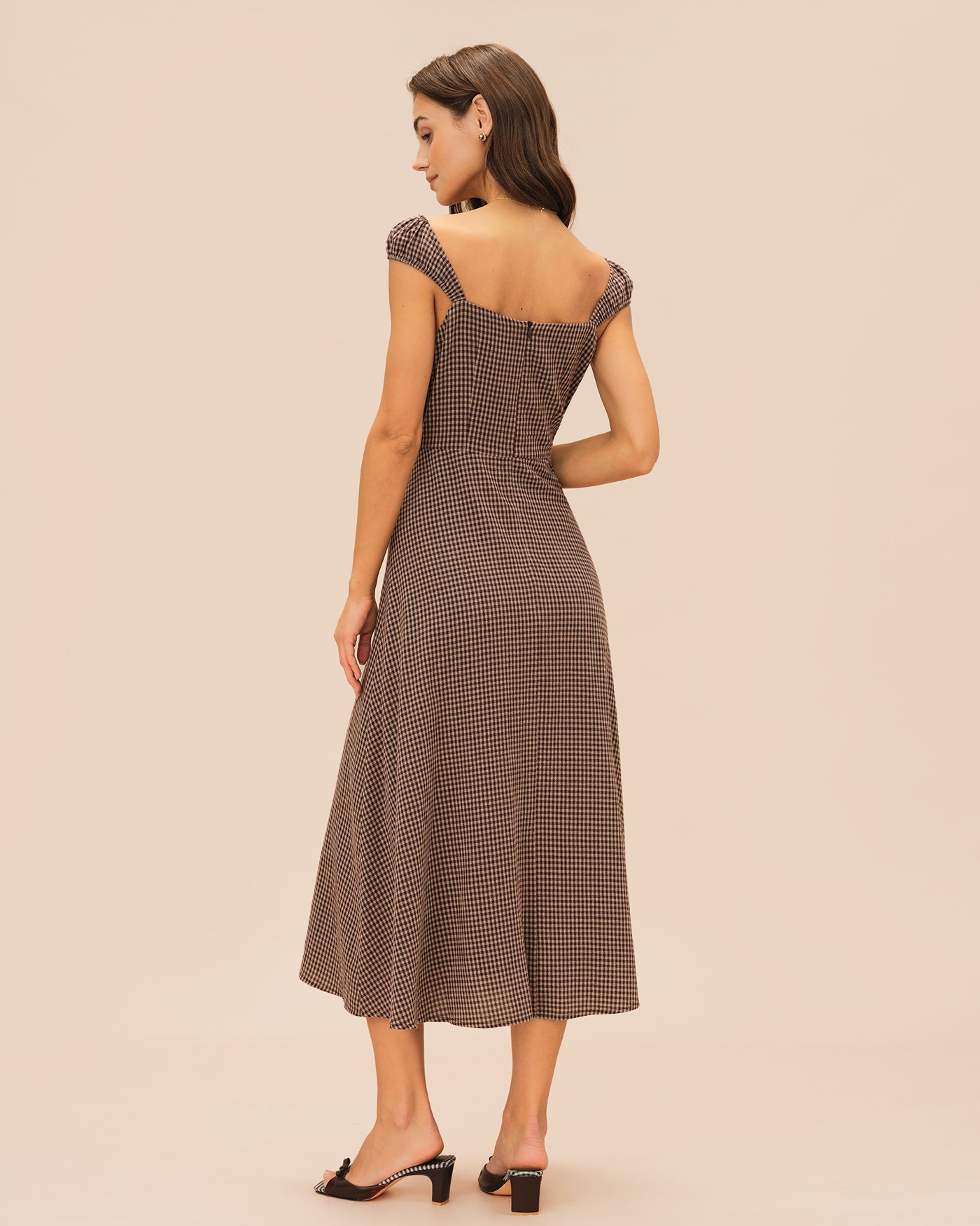 Brown Plaid Sweetheart Neck Midi Dress