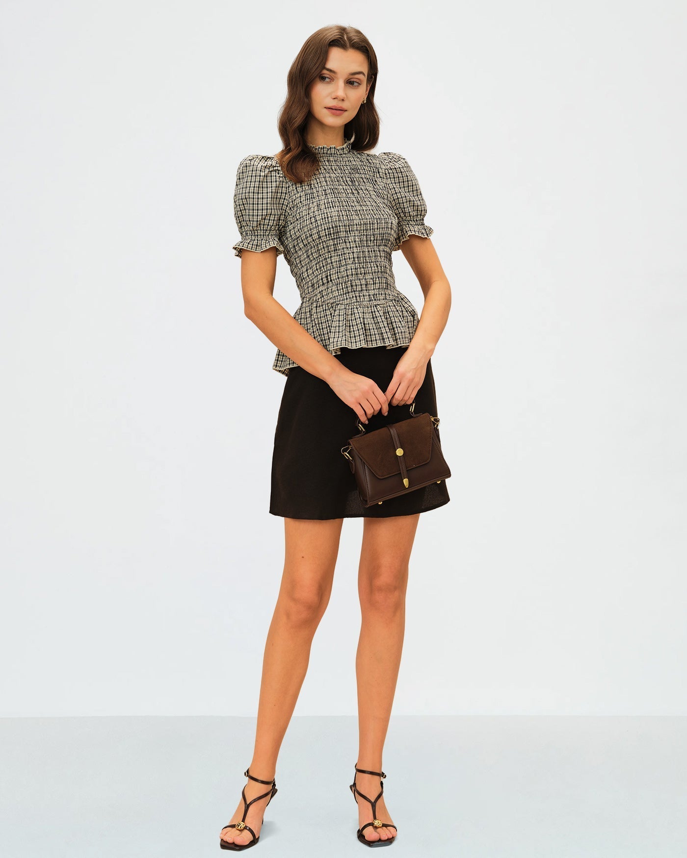 Apricot Lantern Sleeve Shirred Plaid Tee