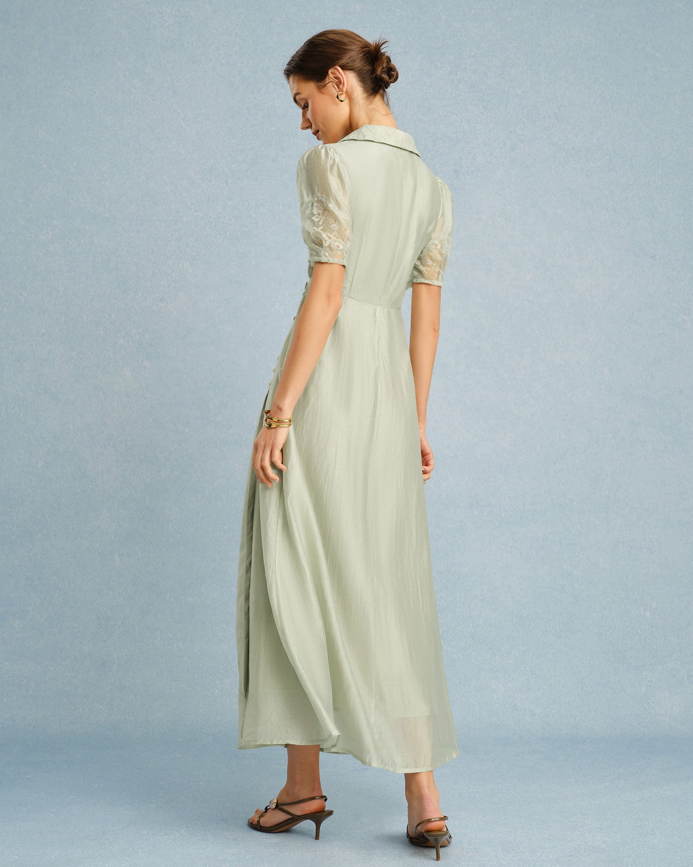 Green V Neck Button Maxi Dress