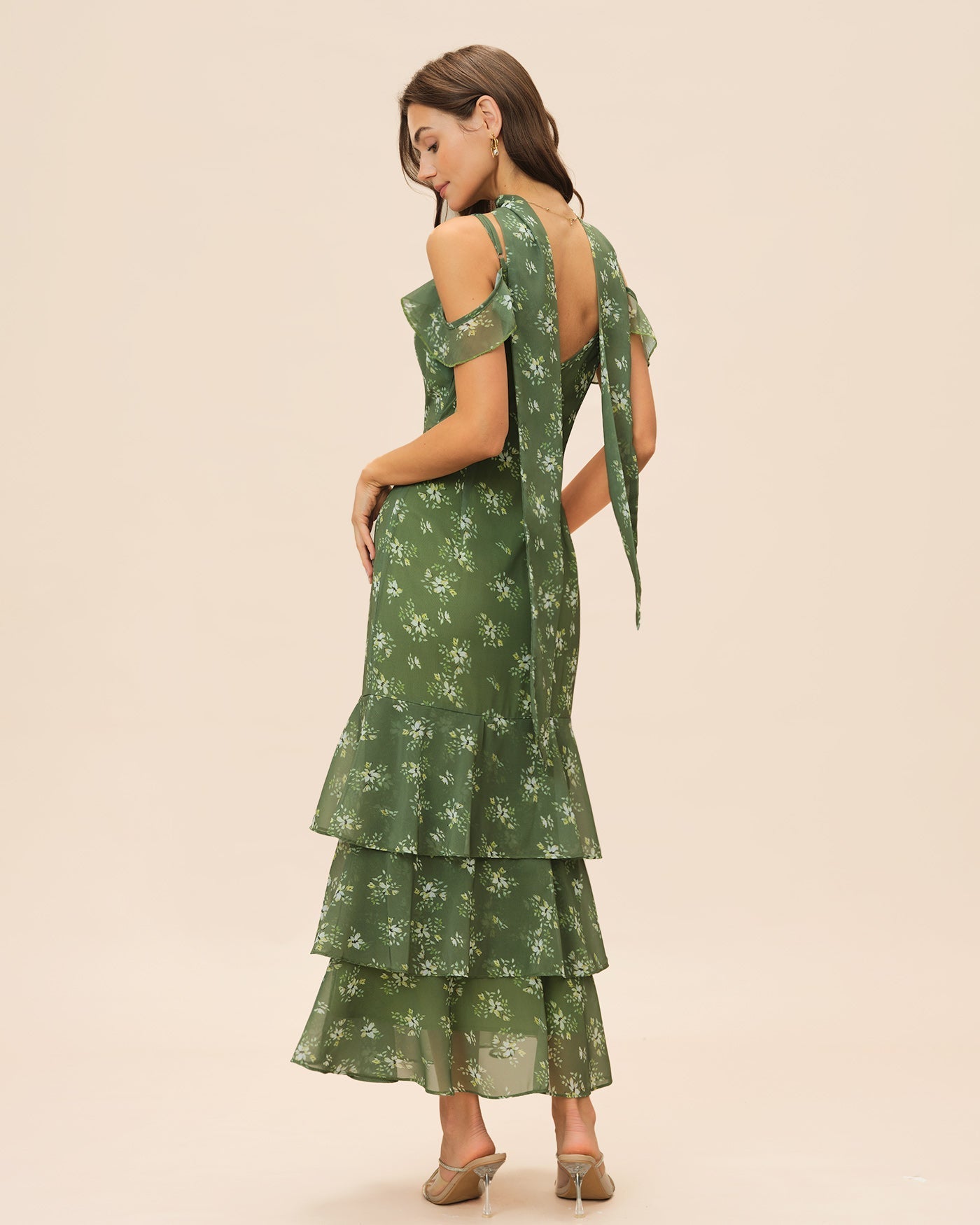 Green V Neck Ruffle Floral Maxi Dress