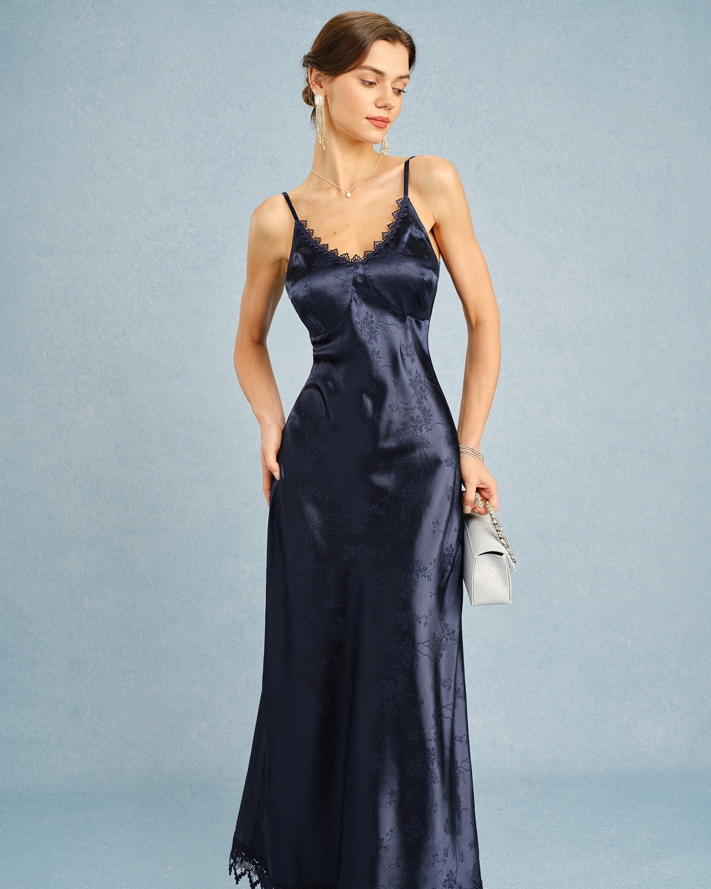 Navy Jacquard Lace Slip Maxi Dress