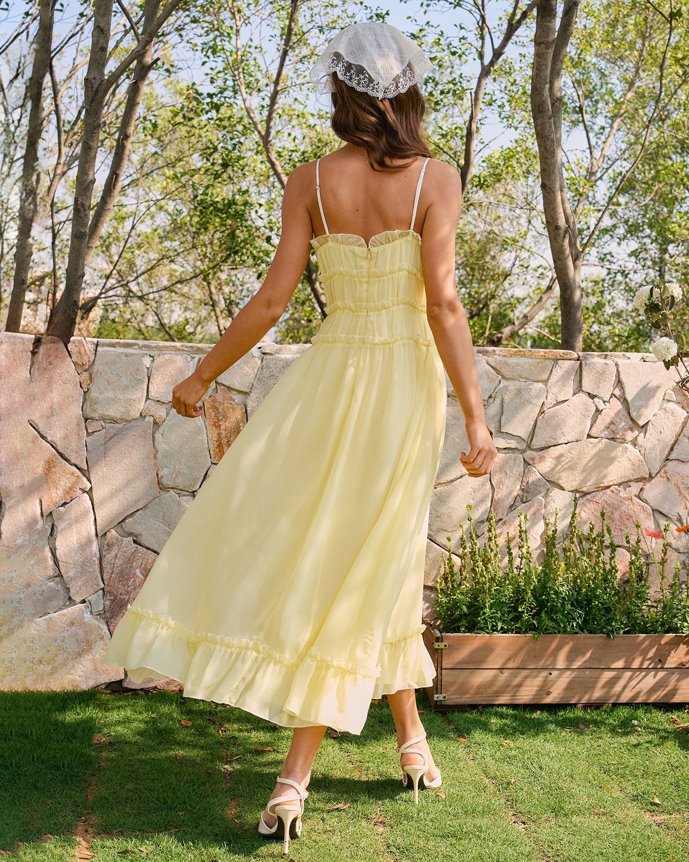 Yellow Sweetheart Neck Ruffle Midi Dress
