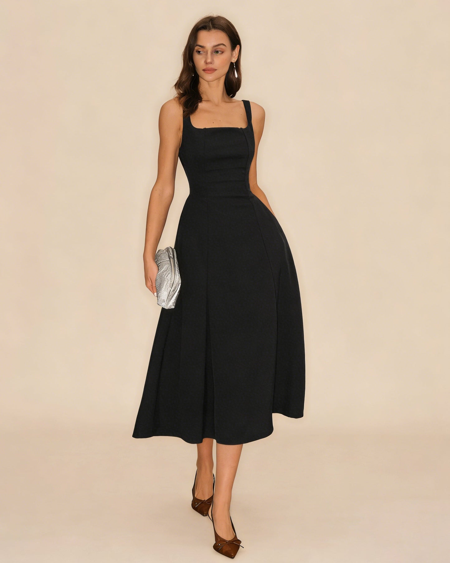 Black Solid Zipper Slip Midi Dress