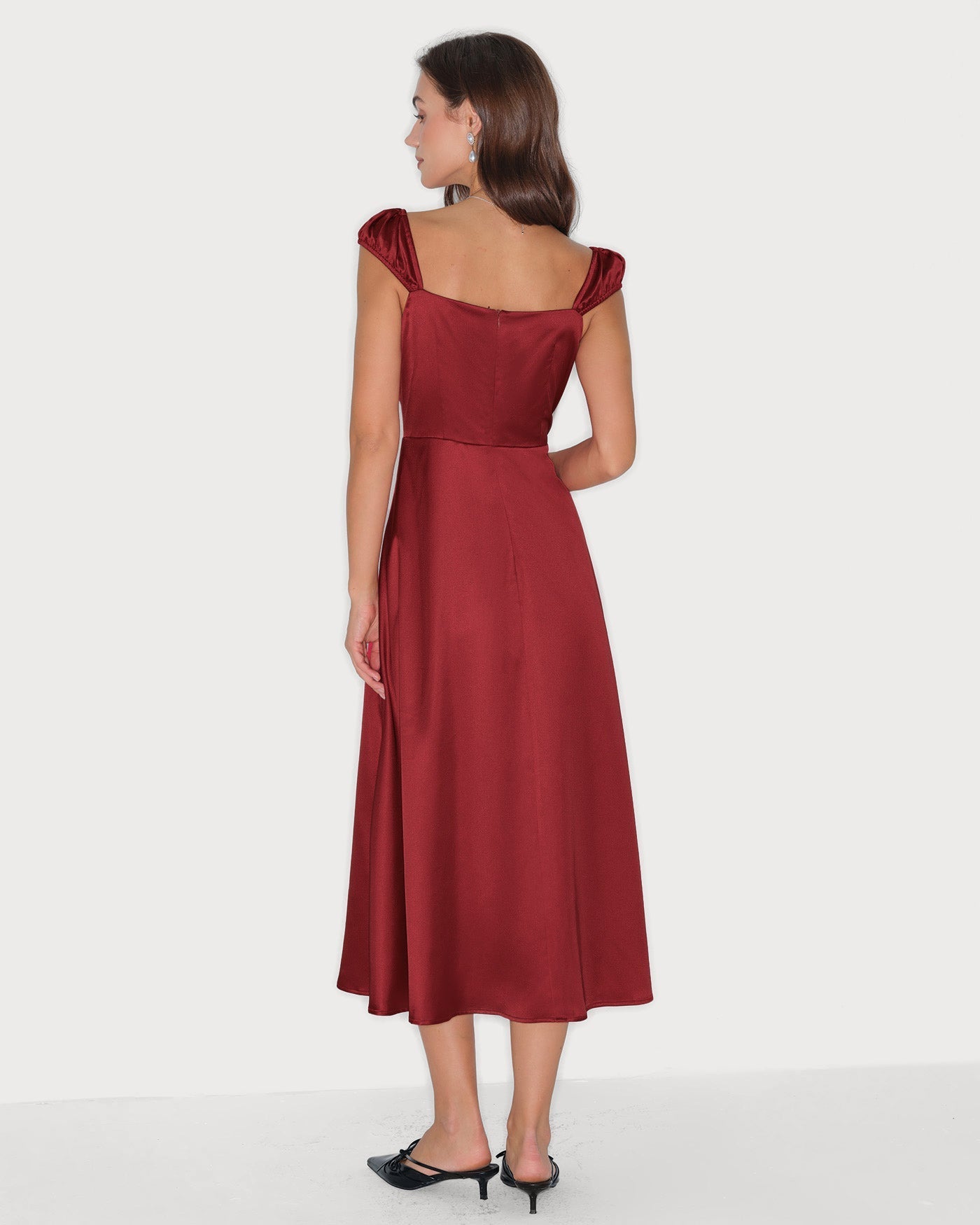 Red Sweetheart Neck Satin Midi Dress