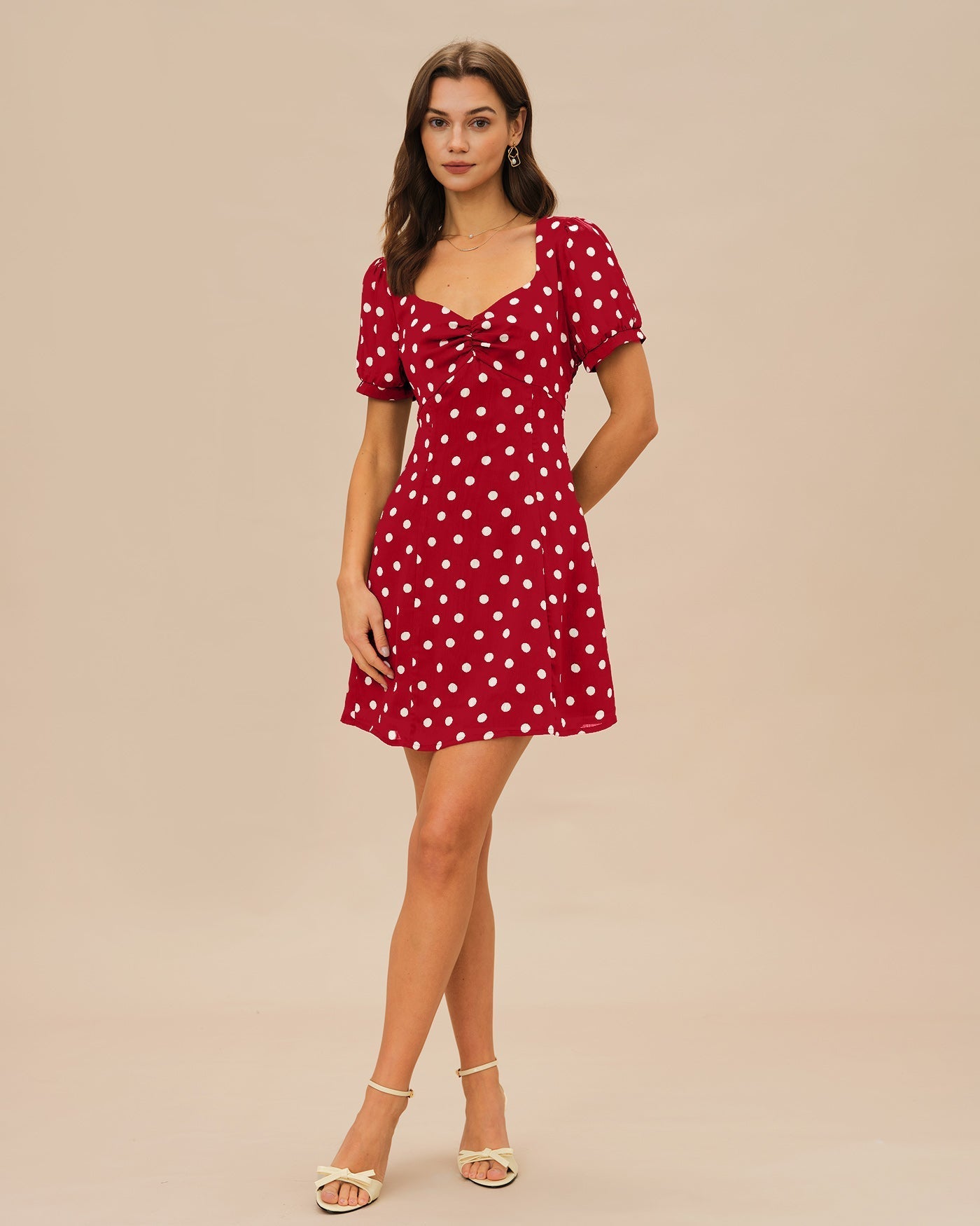 Red Puffed Sleeve Polka Dot Mini Dress