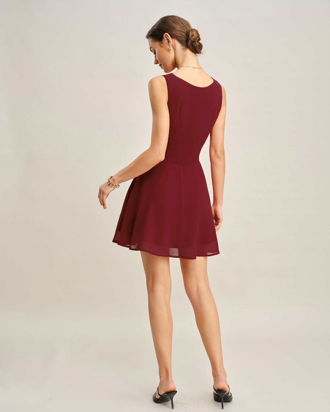 Wine Red Boat Neck Pleated Mini Dress
