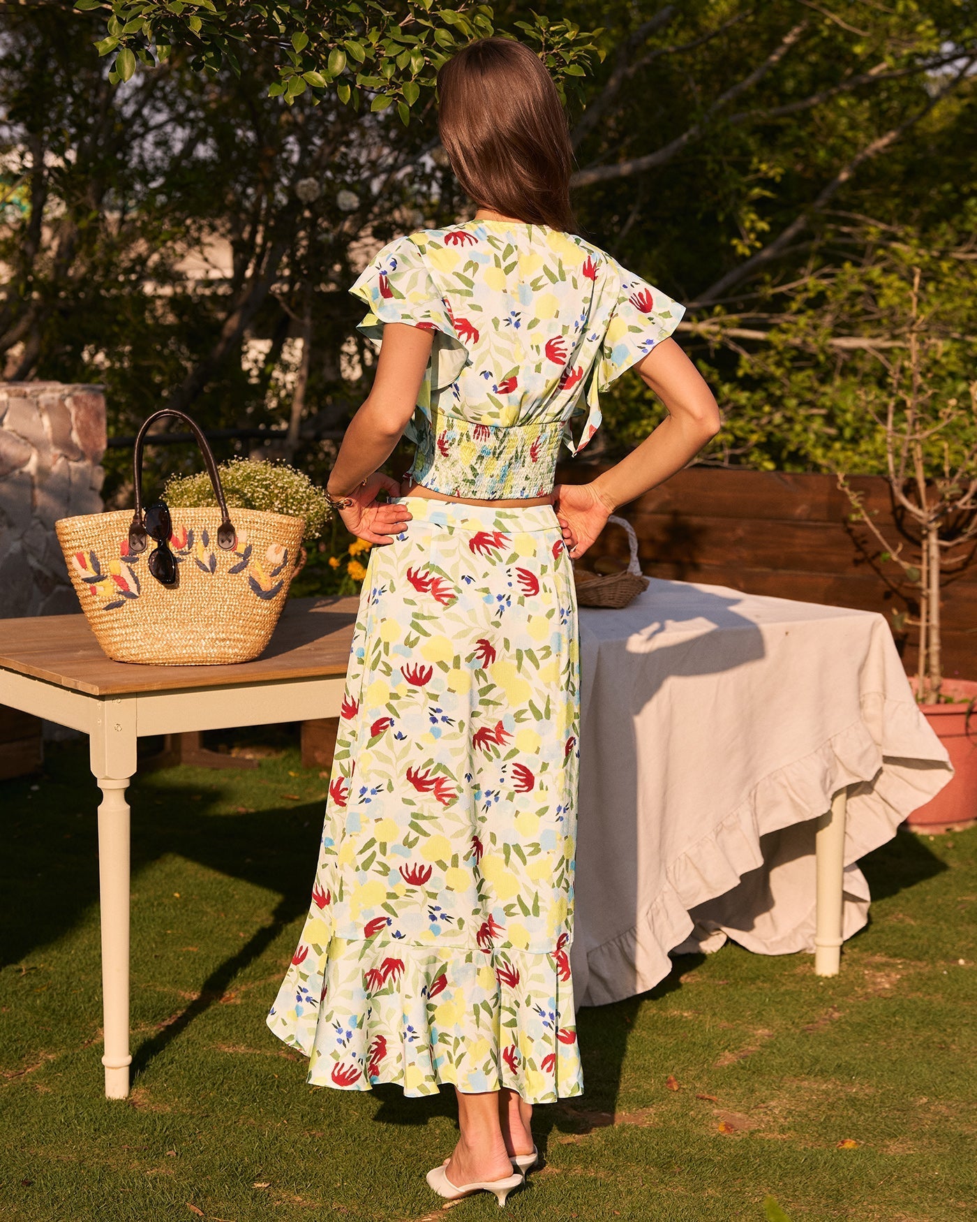 Floral Ruffle A-Line Midi Skirt