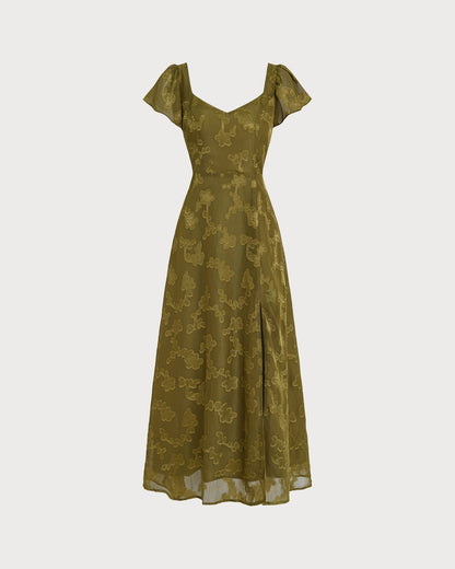 Green Sweetheart Neck Jacquard Maxi Dress