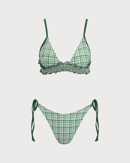 Green Plaid Drawstring Bikini Set