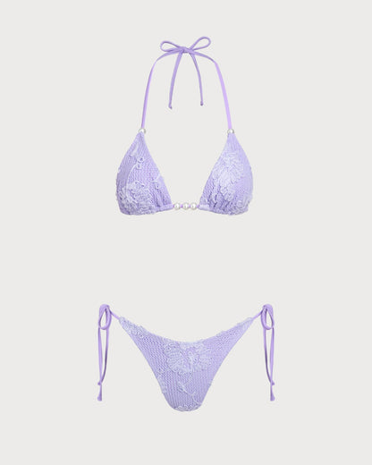 Purple Jacquard Halter Bikini Set