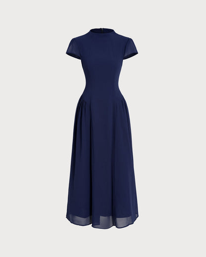 Blue Puffed Sleeve Midi Dress
