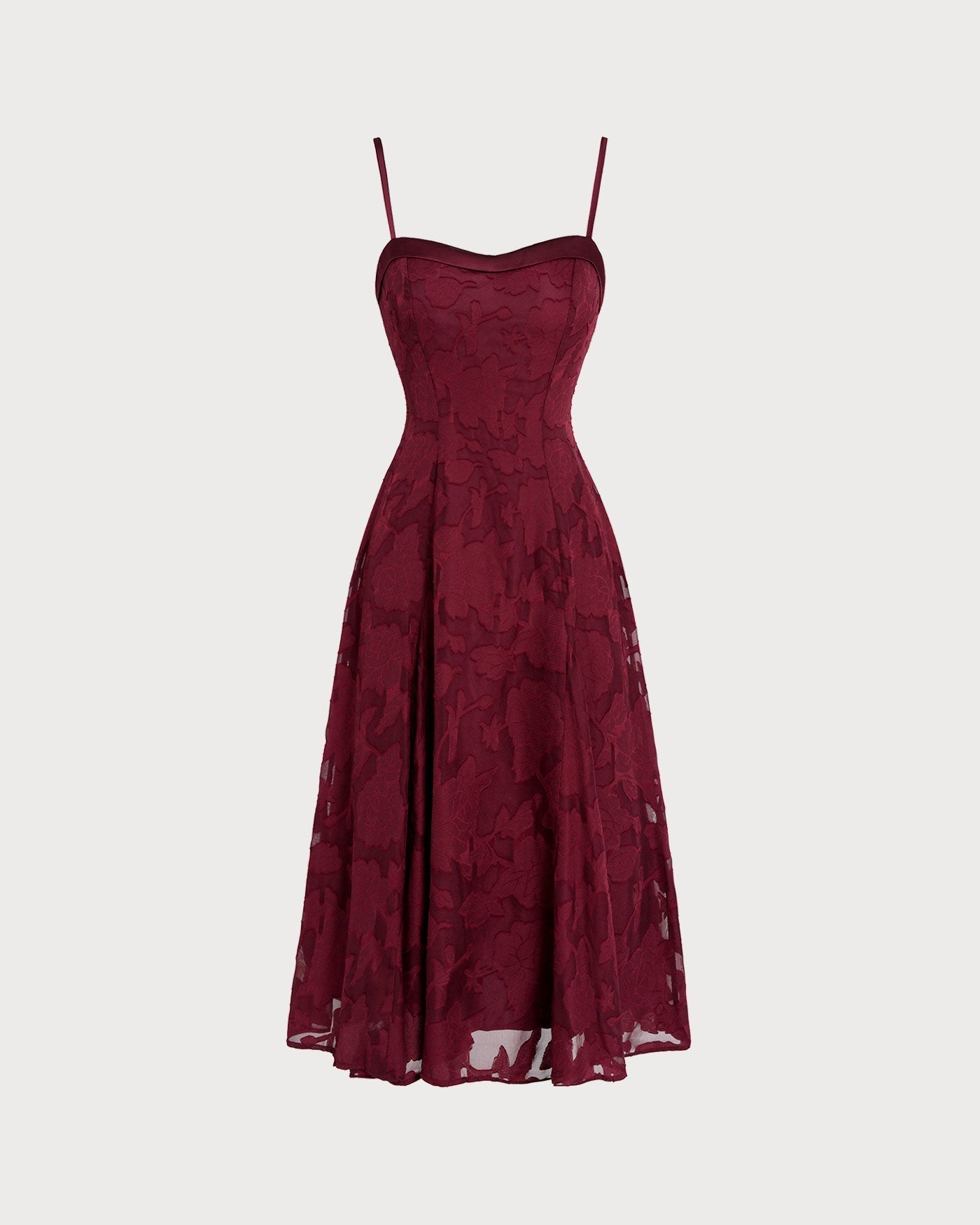 Wine Red Sweetheart Neck Jacquard Slip Midi Dress