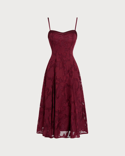 Wine Red Sweetheart Neck Jacquard Slip Midi Dress