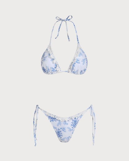 Blue Floral Drawstring Bikini Set