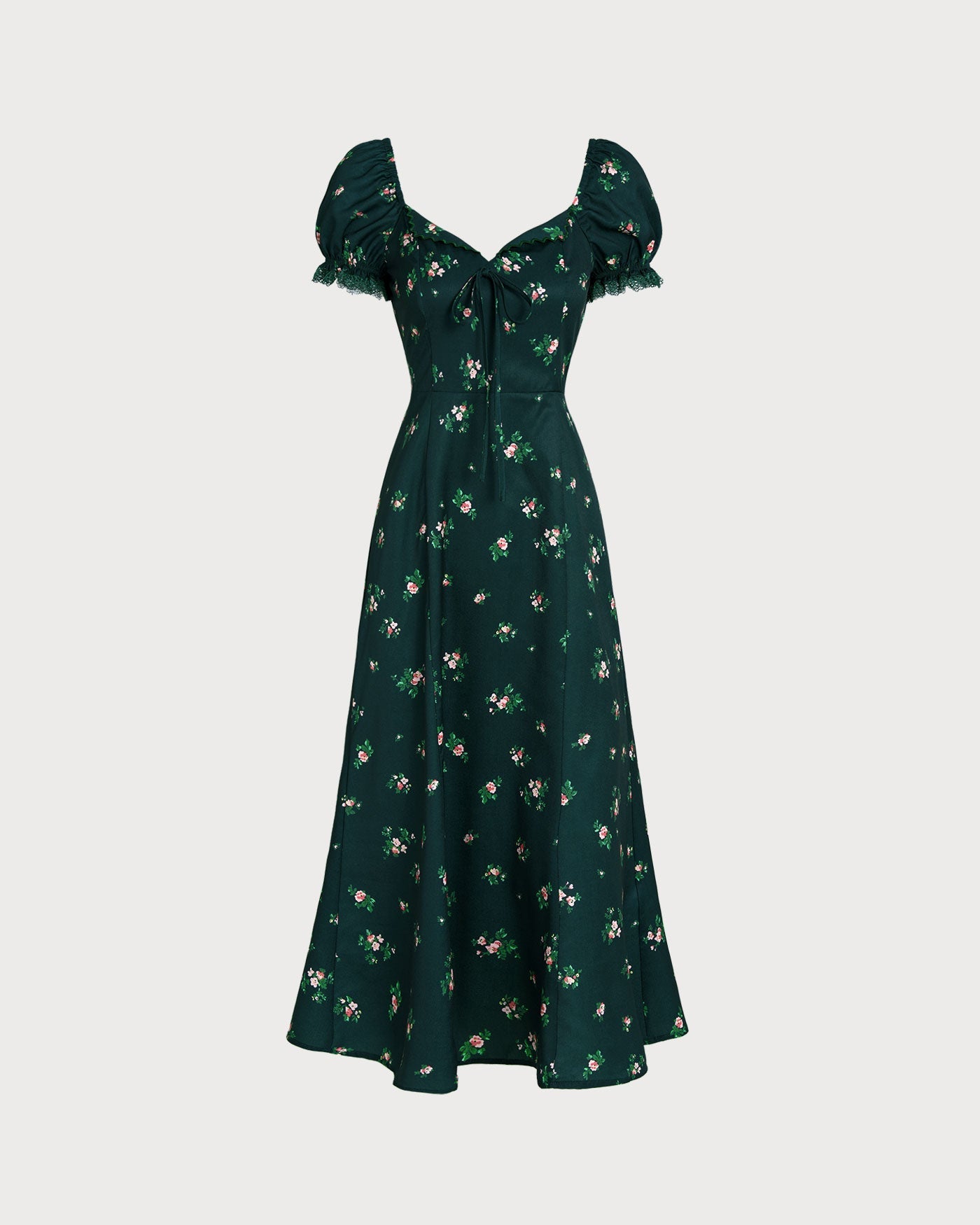 Green Puffed Sleeve Floral Midi Dress