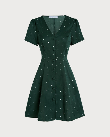 Green V Neck Polka Dot Mini Dress