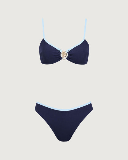 Blue Contrsting U Neck Bikini Set