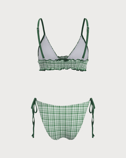 Green Plaid Drawstring Bikini Set