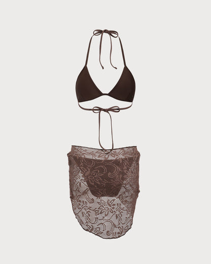 Brown Textured Halter Bikini Suit