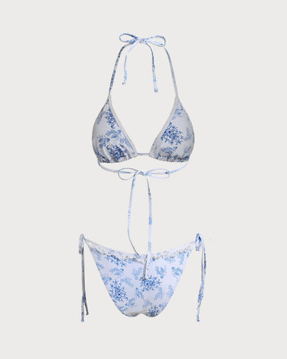Blue Floral Drawstring Bikini Set