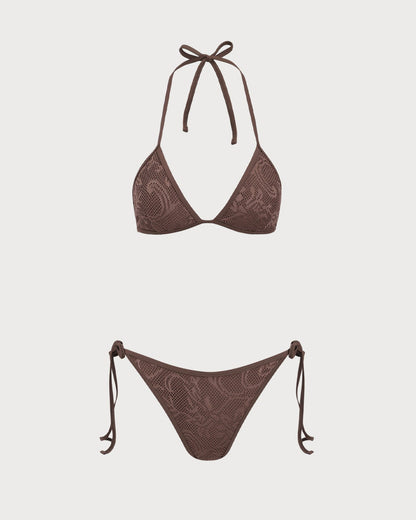 Brown Textured Halter Bikini Suit