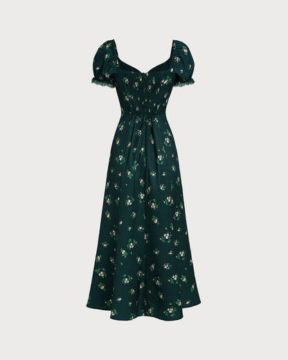 Green Puffed Sleeve Floral Midi Dress