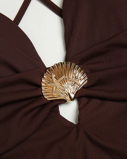 Brown Cut Out One Piece Swimwear