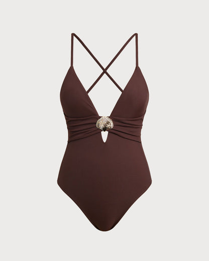 Brown Cut Out One Piece Swimwear