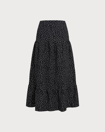Black Polka Dot Ruched Midi Skirt
