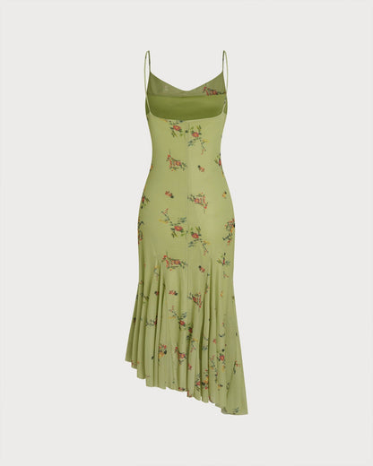 Green Textured Floral Slip Midi Dress