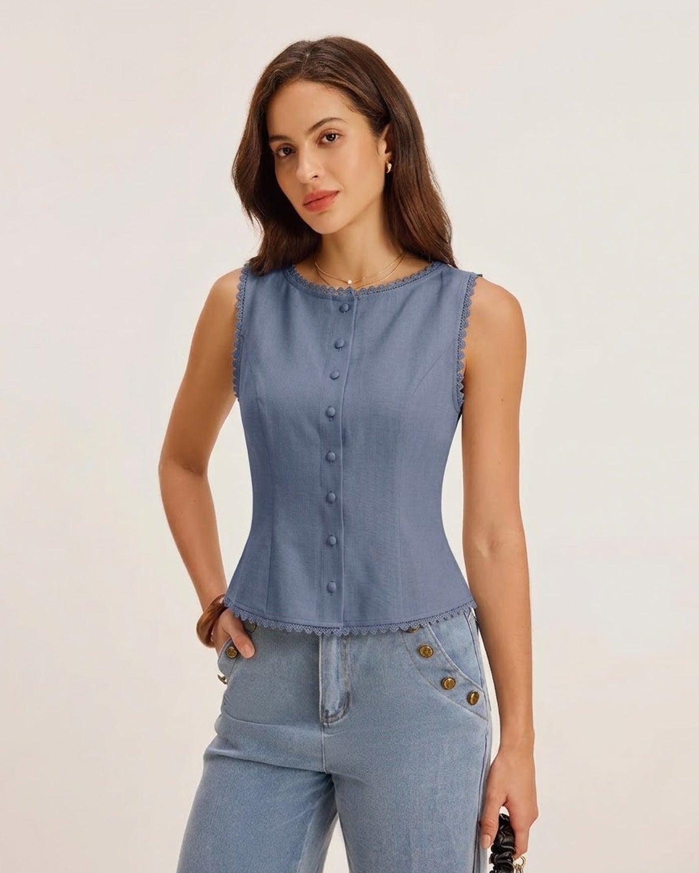 Blue Boat Neck Single Breasted Vest