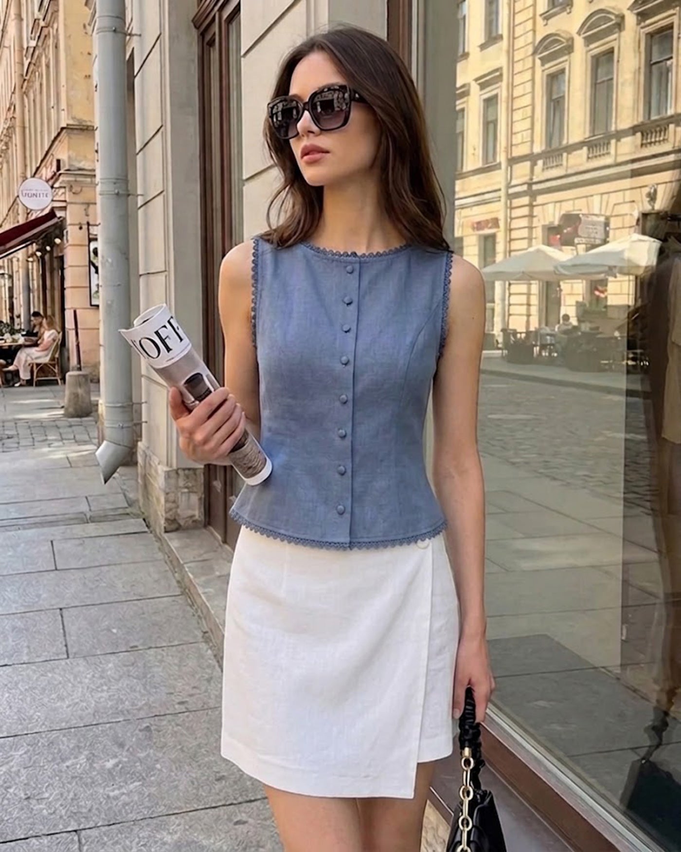 Blue Boat Neck Single Breasted Vest