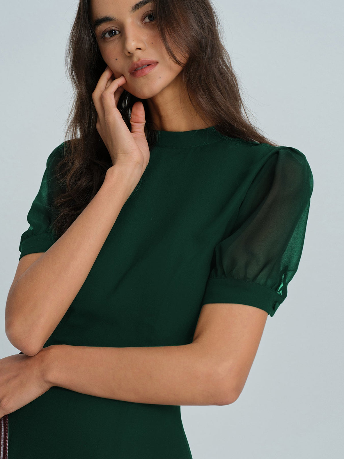 Green Chiffon Mock Neck Mini Dress