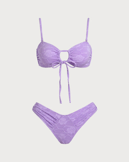 Purple Floral Textured Bandeau Bikini Set