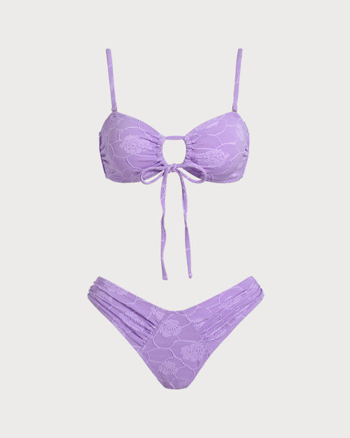 Purple Floral Textured Bandeau Bikini Set