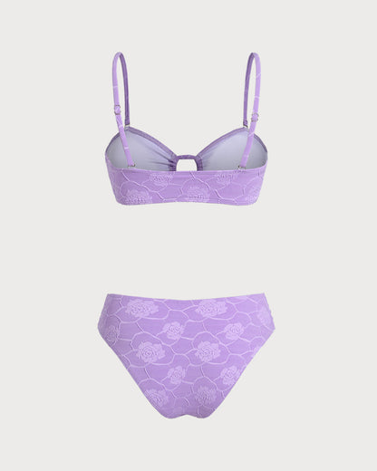 Purple Floral Textured Bandeau Bikini Set