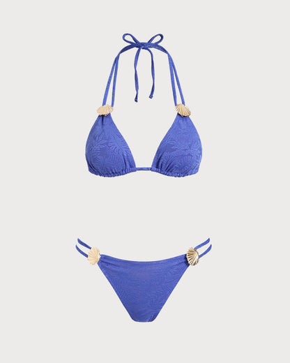 Blue Textured Halter Triangle Bikini Set