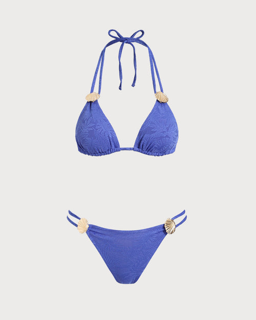 Blue Textured Halter Triangle Bikini Set