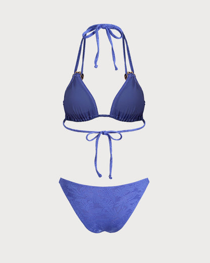 Blue Textured Halter Triangle Bikini Set