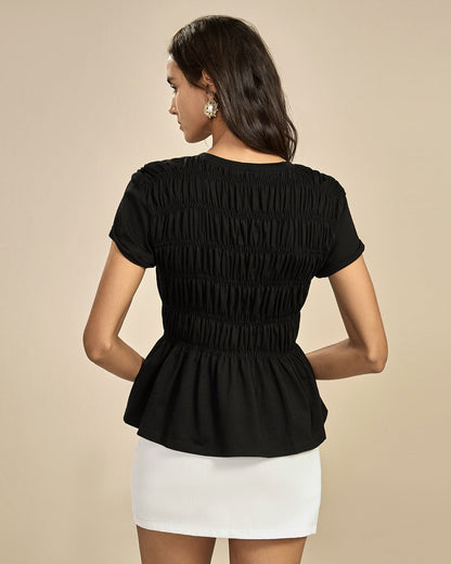 Black Round Neck Shirred Tee