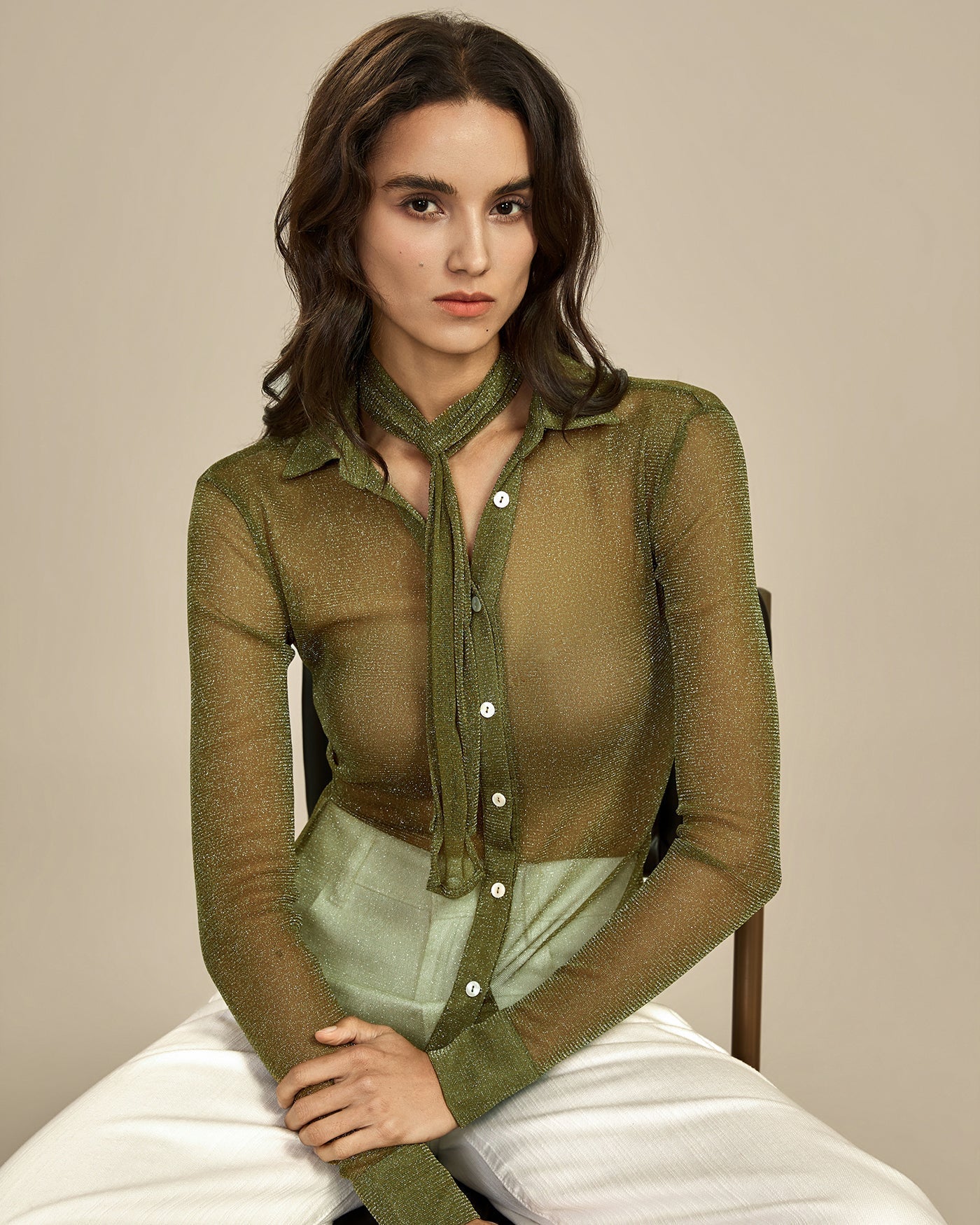 Green See Through Collar Shirt