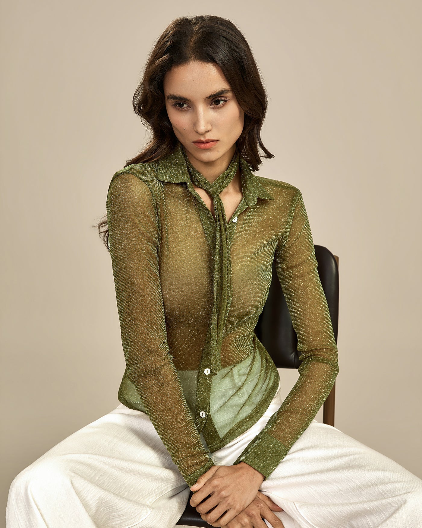 Green See Through Collar Shirt