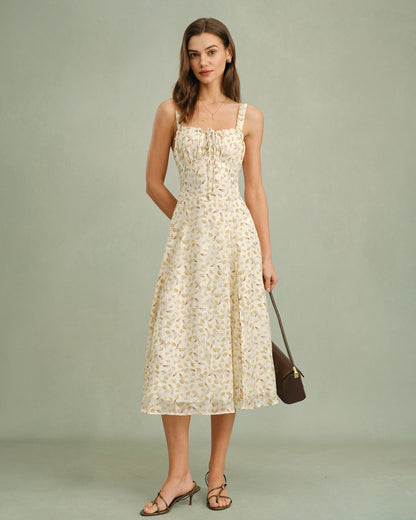 Apricot Floral Zipper Slip Midi Dress