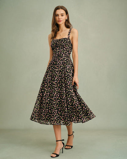 Black Floral Zipper Slip Midi Dress