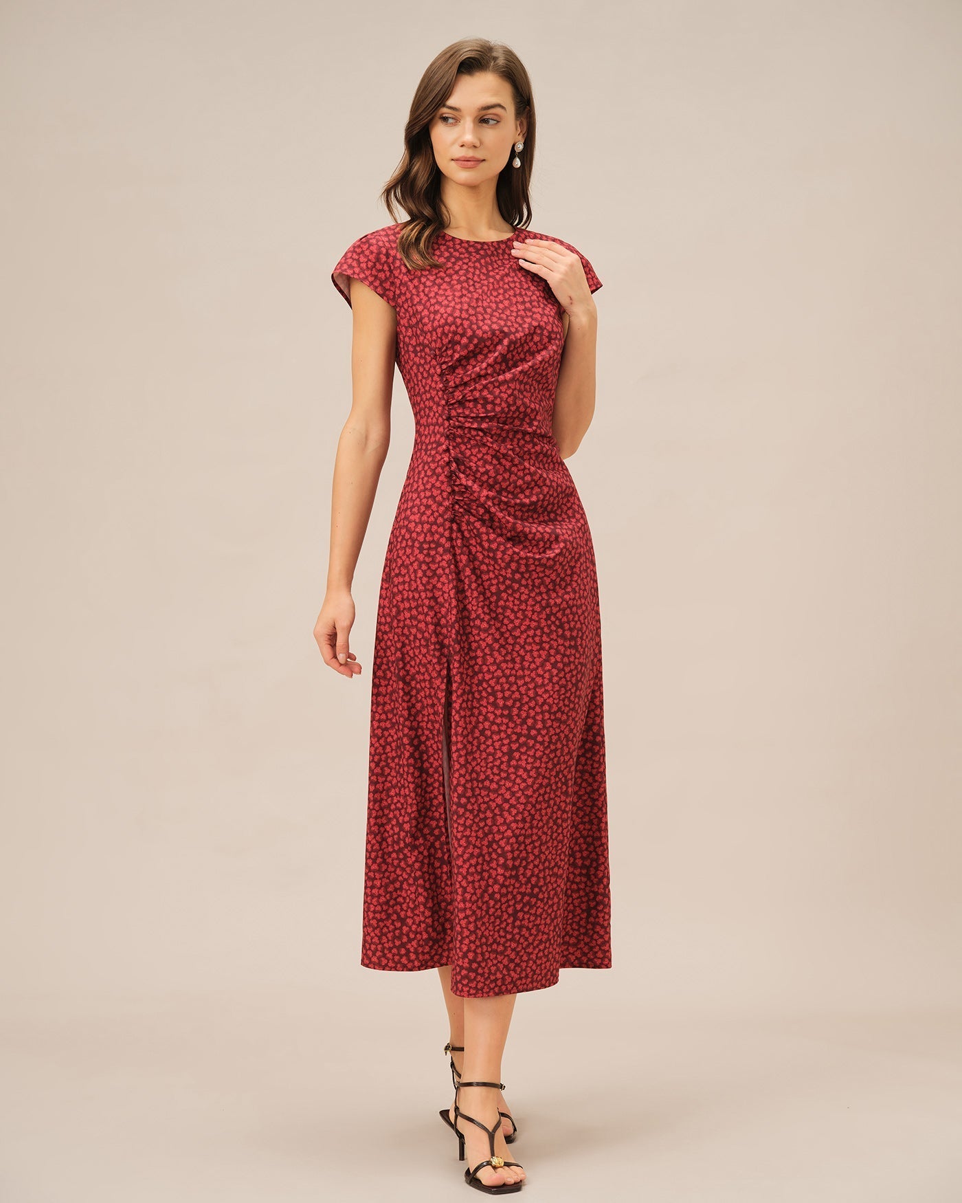 Red Floral Pleated Midi Dress
