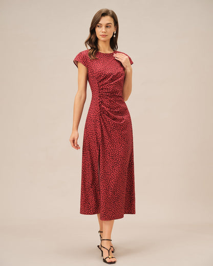 Red Floral Pleated Midi Dress