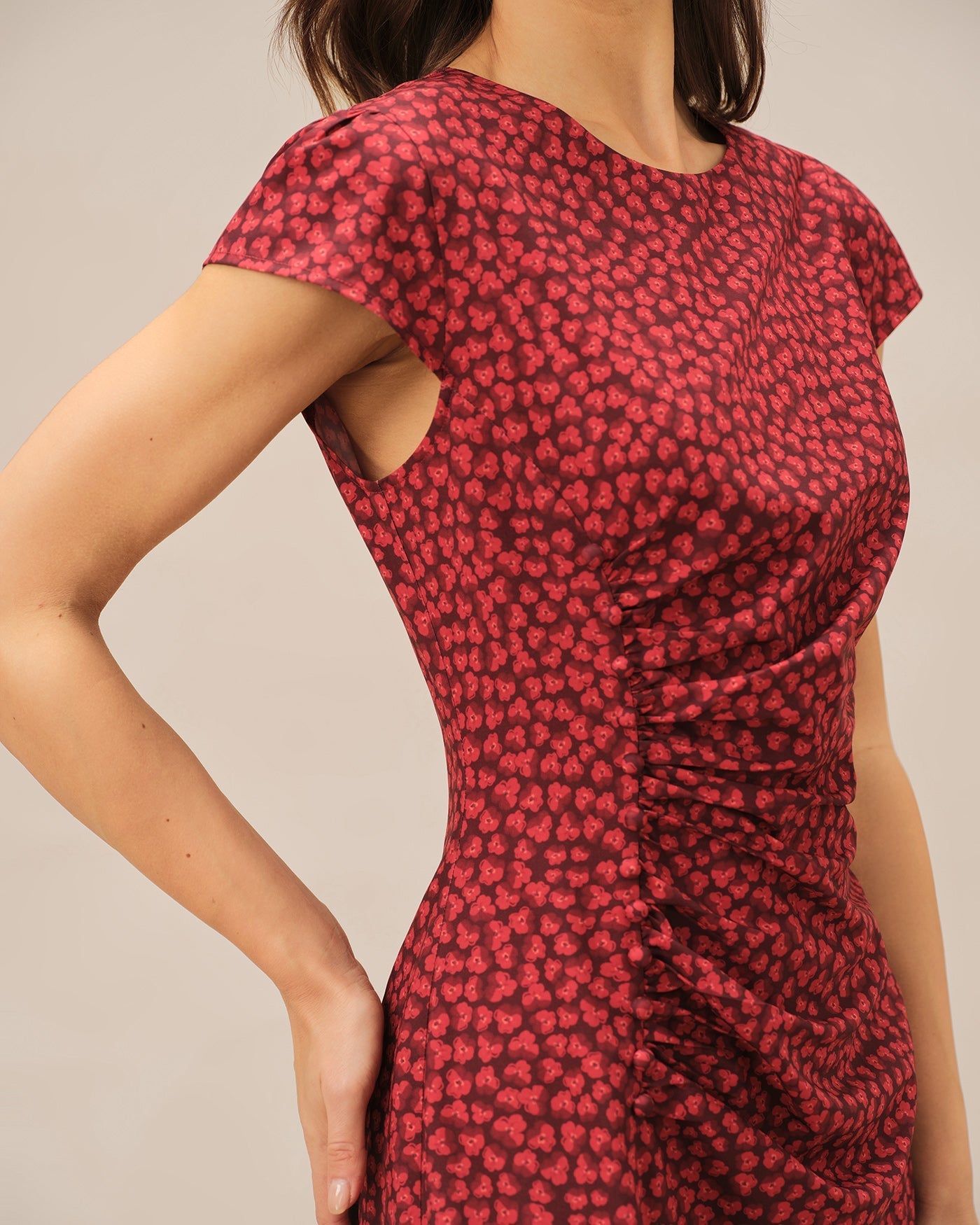 Red Floral Pleated Midi Dress