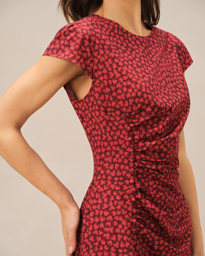 Red Floral Pleated Midi Dress