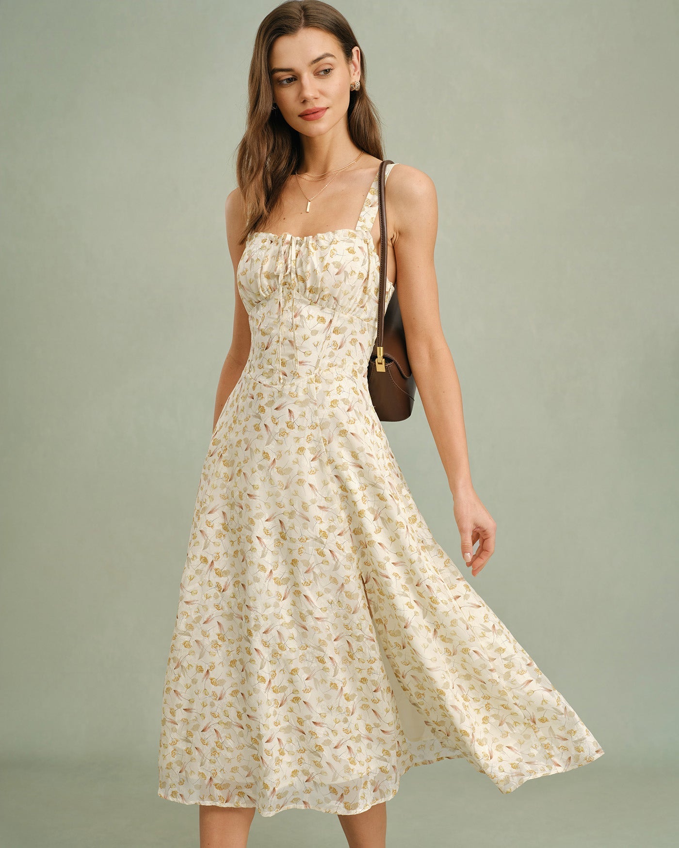 Apricot Floral Zipper Slip Midi Dress
