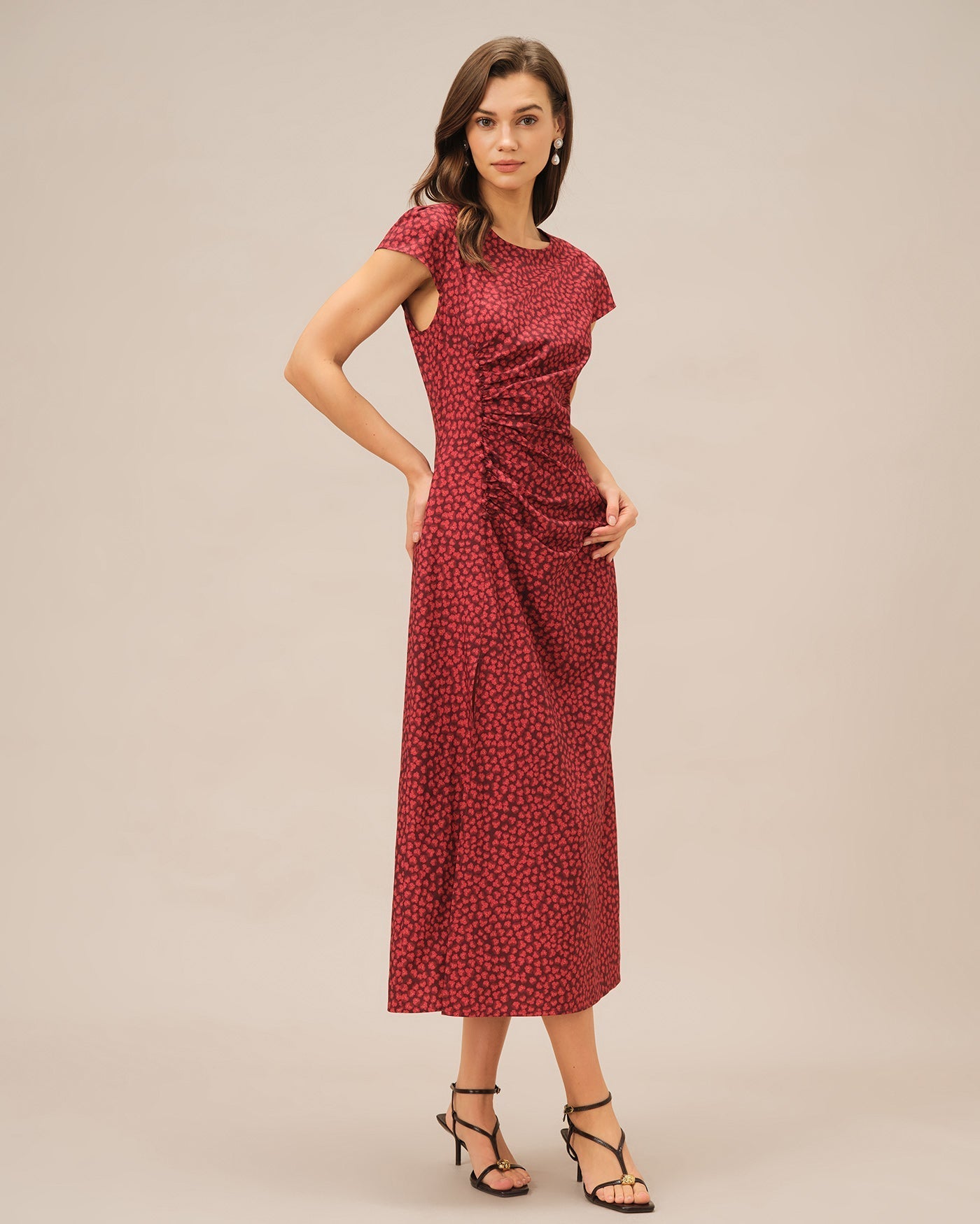 Red Floral Pleated Midi Dress